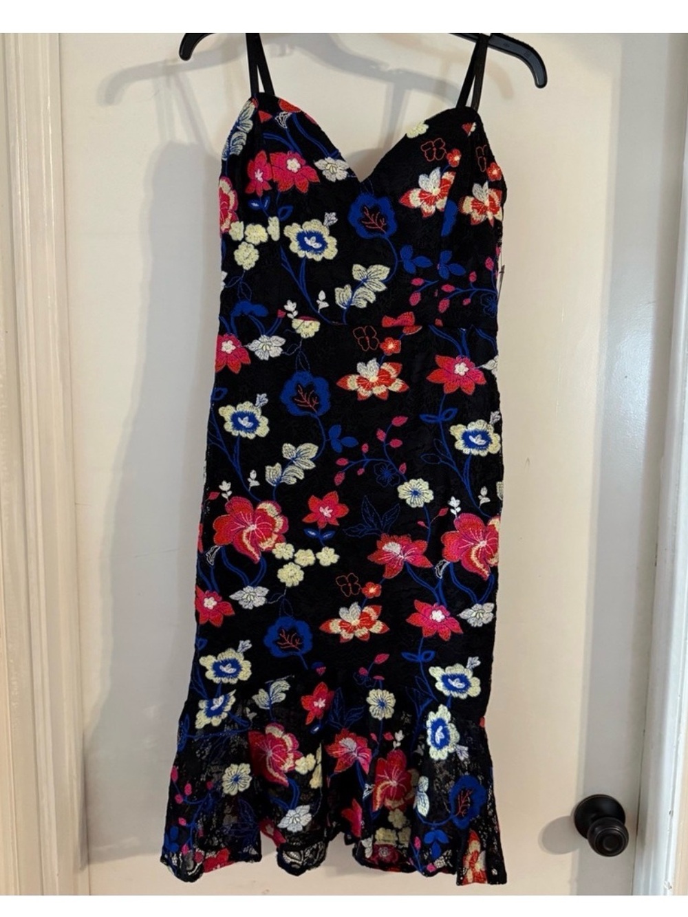 Guess Black Floral Midi Dress with Pink, Blue & Cream Embroidery